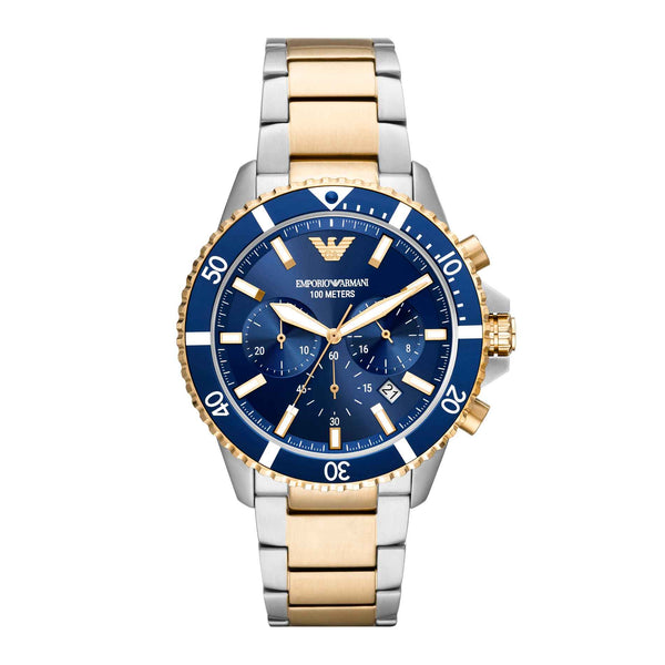 Emporio Armani Diver AR11362 herreur med en stål-urkasse og stållænke. Uret har gyldne detaljer på kasse og lænke samt en sort urskive og datovisning. Uret er set forfra.