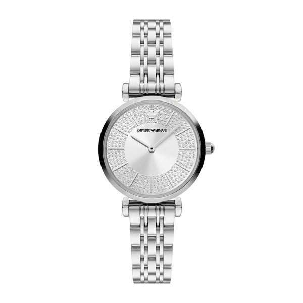 Emporio Armani Gianni T-Bar AR11445 dameur med stål-urkasse og sølvfarvet skive med romerske tal og glitrende krystaller. Uret er set forfra.