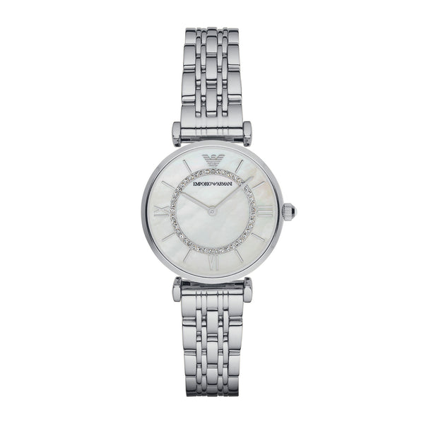 Emporio Armani Gianni T-Bar AR1908 dameur med stål-urkasse og hvid skive med romerske tal og glitrende krystaller. Uret er set forfra.