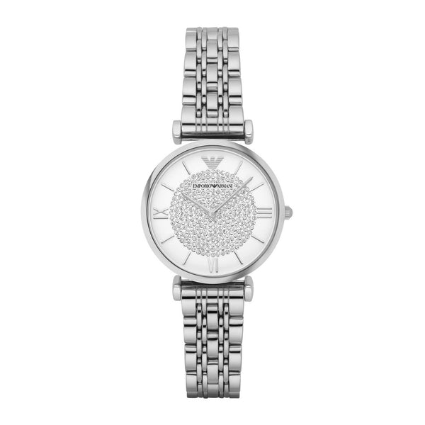 Emporio Armani Gianni T-Bar AR1925 dameur med stål-urkasse og hvid skive med romerske tal og glitrende krystaller. Uret er set forfra.