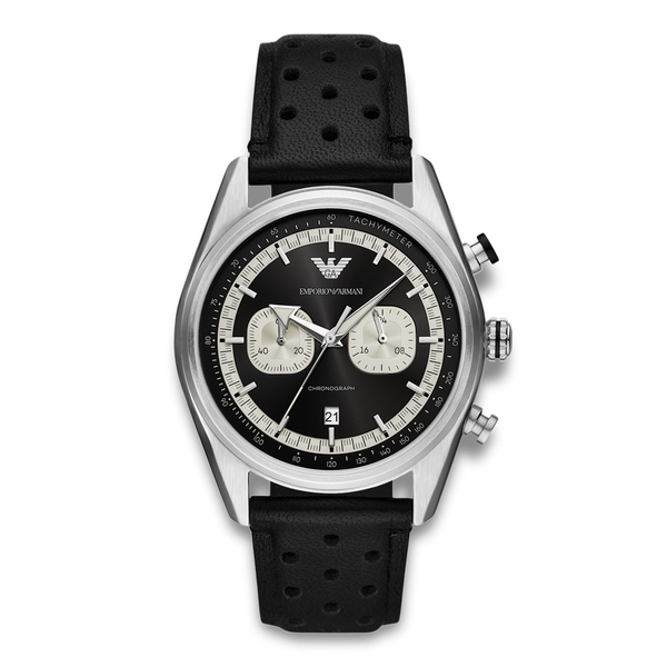 Emporio Armani Racer herreur 42 mm AR11635 med sort urskive og sort læderrem
