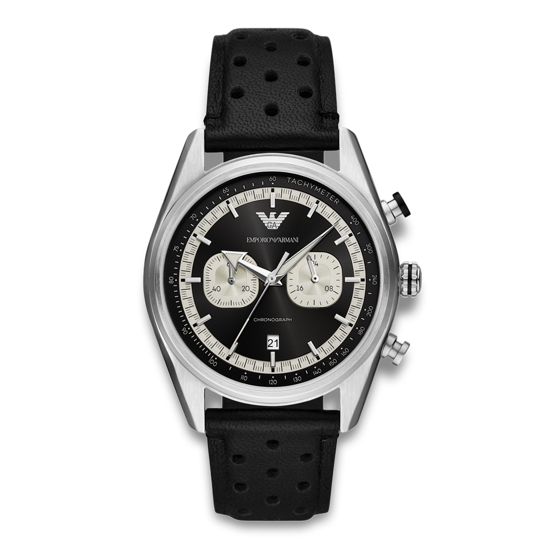 Emporio Armani Racer herreur 42 mm AR11635 med sort urskive og sort læderrem