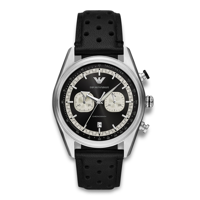 Emporio Armani Racer herreur 42 mm AR11635 med sort urskive og sort læderrem