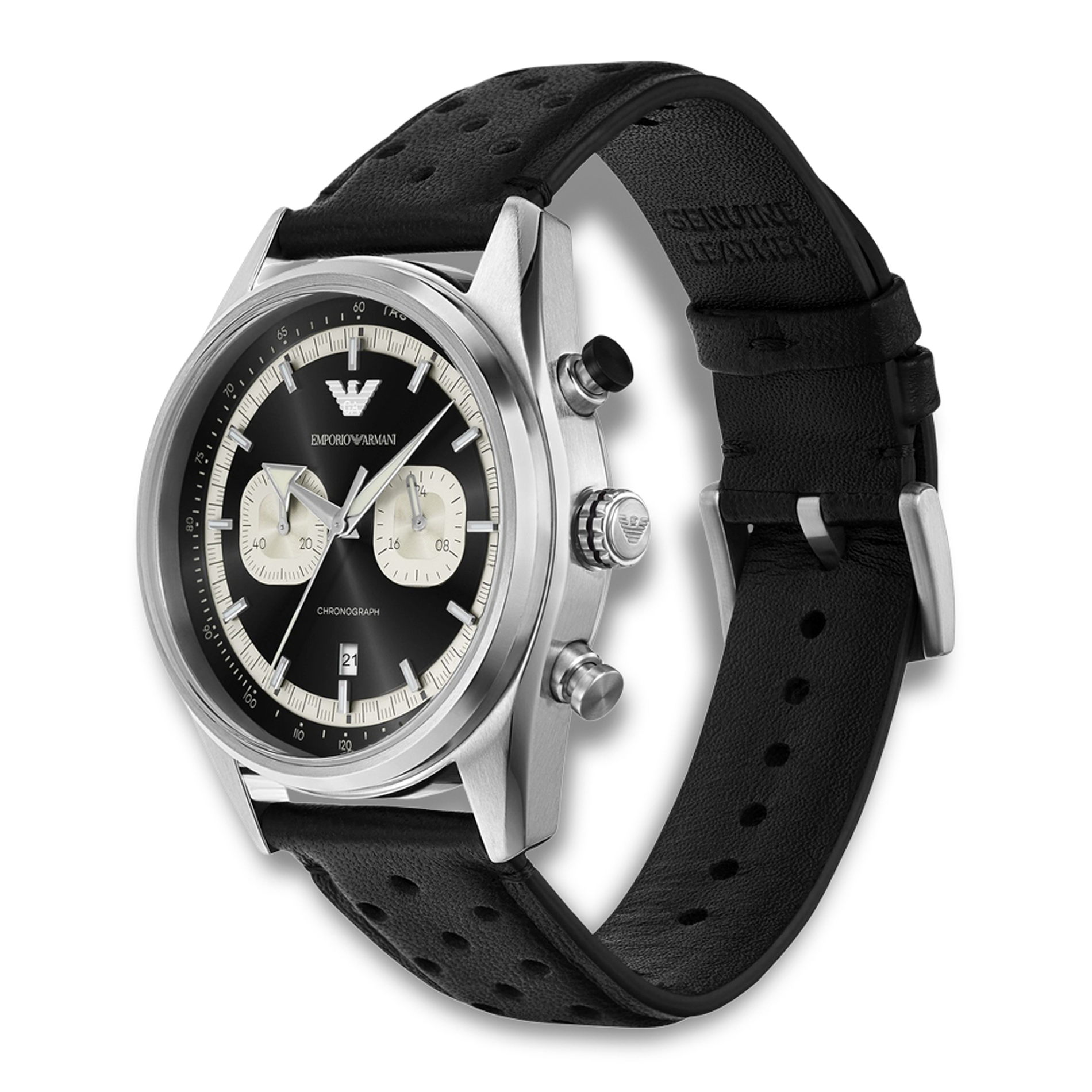 Emporio Armani Racer AR11635 vist fra vinkel med sort læderrem og chronograph