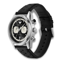 Emporio Armani Racer AR11635 vist fra vinkel med sort læderrem og chronograph