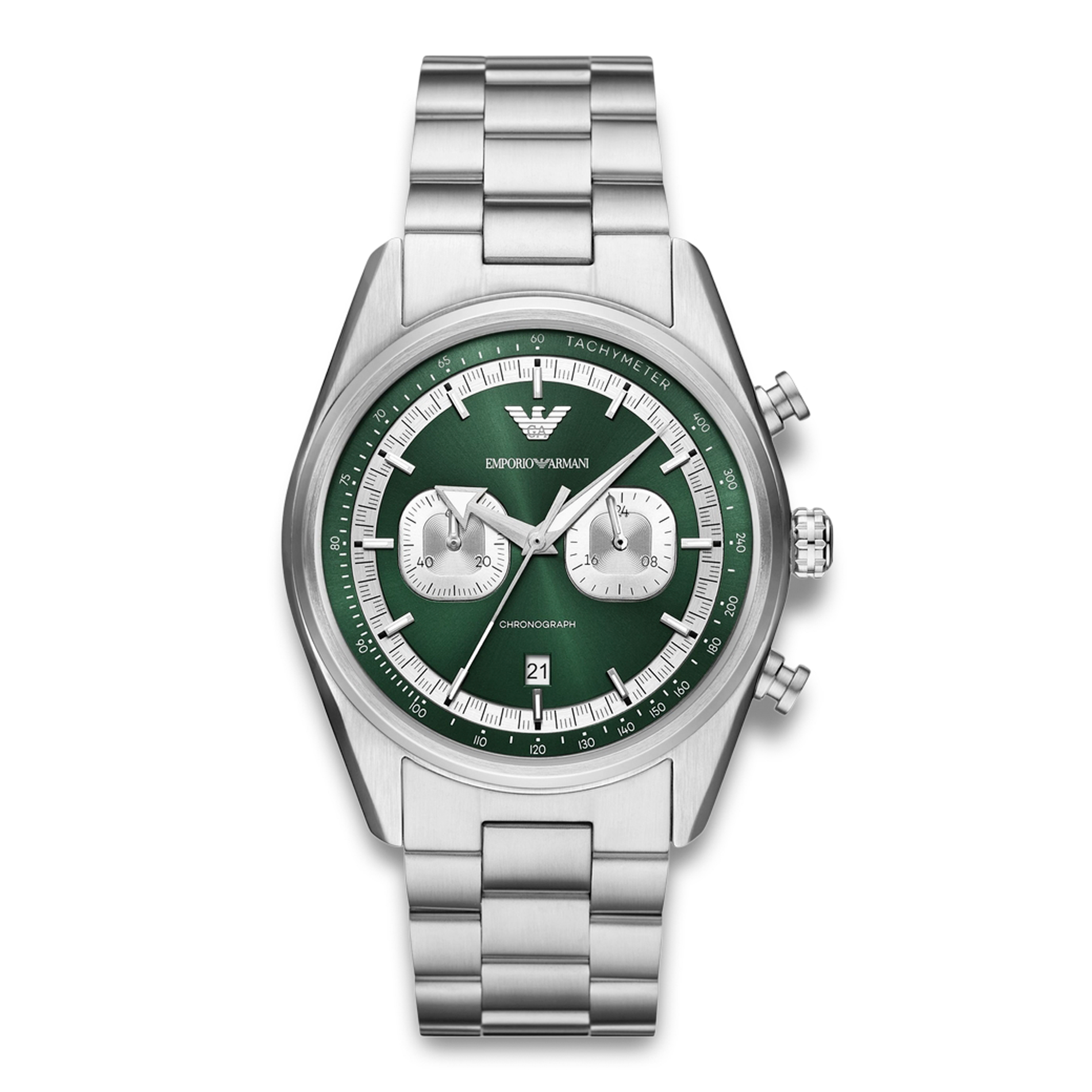 Emporio Armani Racer herreur 42 mm AR11637 med grøn urskive og stållænke