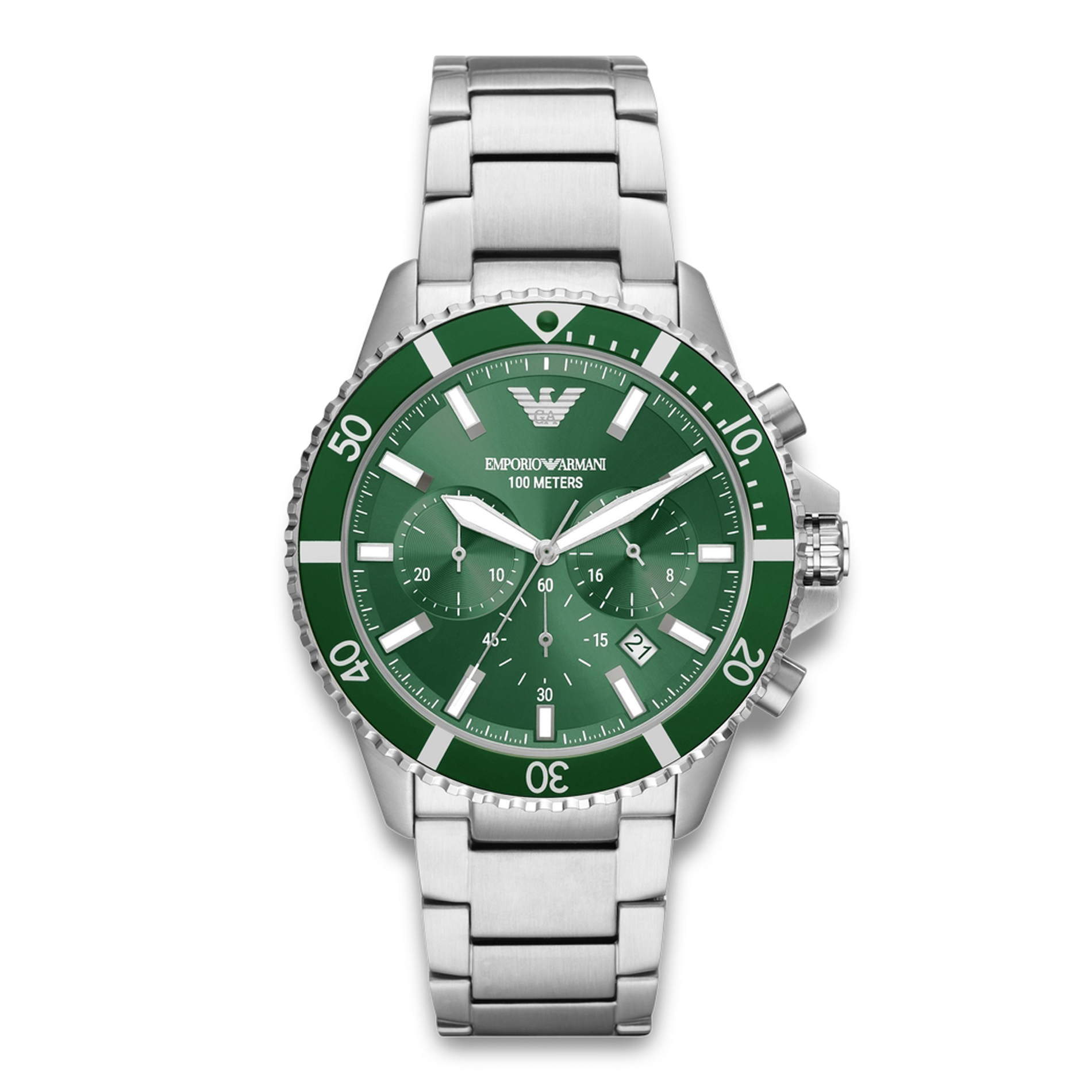 Emporio Armani World Explorer herreur 43 mm AR11500 med grøn urskive og sølvfarvet stållænke