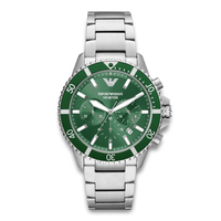 Emporio Armani World Explorer herreur 43 mm AR11500 med grøn urskive og sølvfarvet stållænke