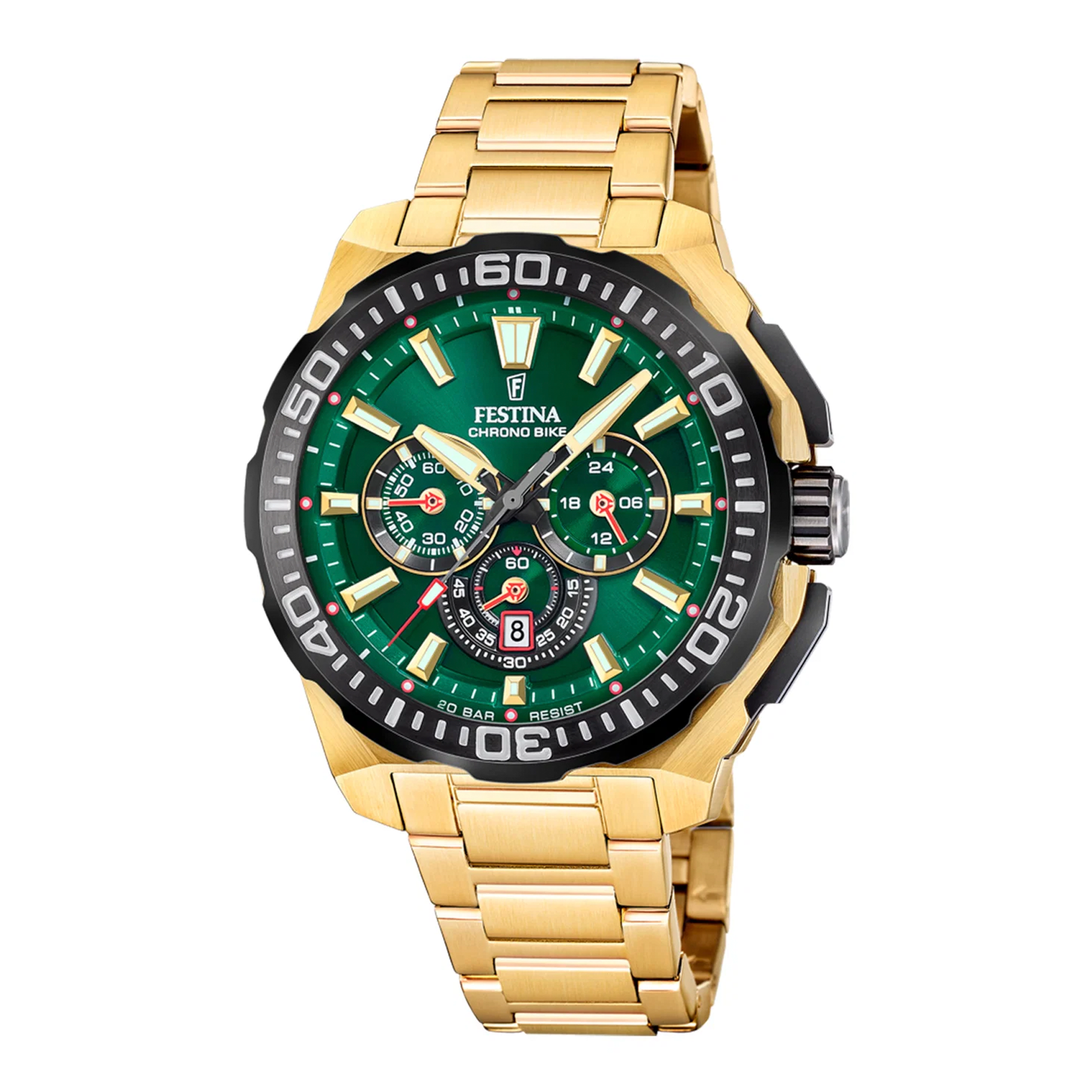 Festina Chrono Bike herreur 45 mm F20727/2 med grøn urskive og guldfarvet stållænke
