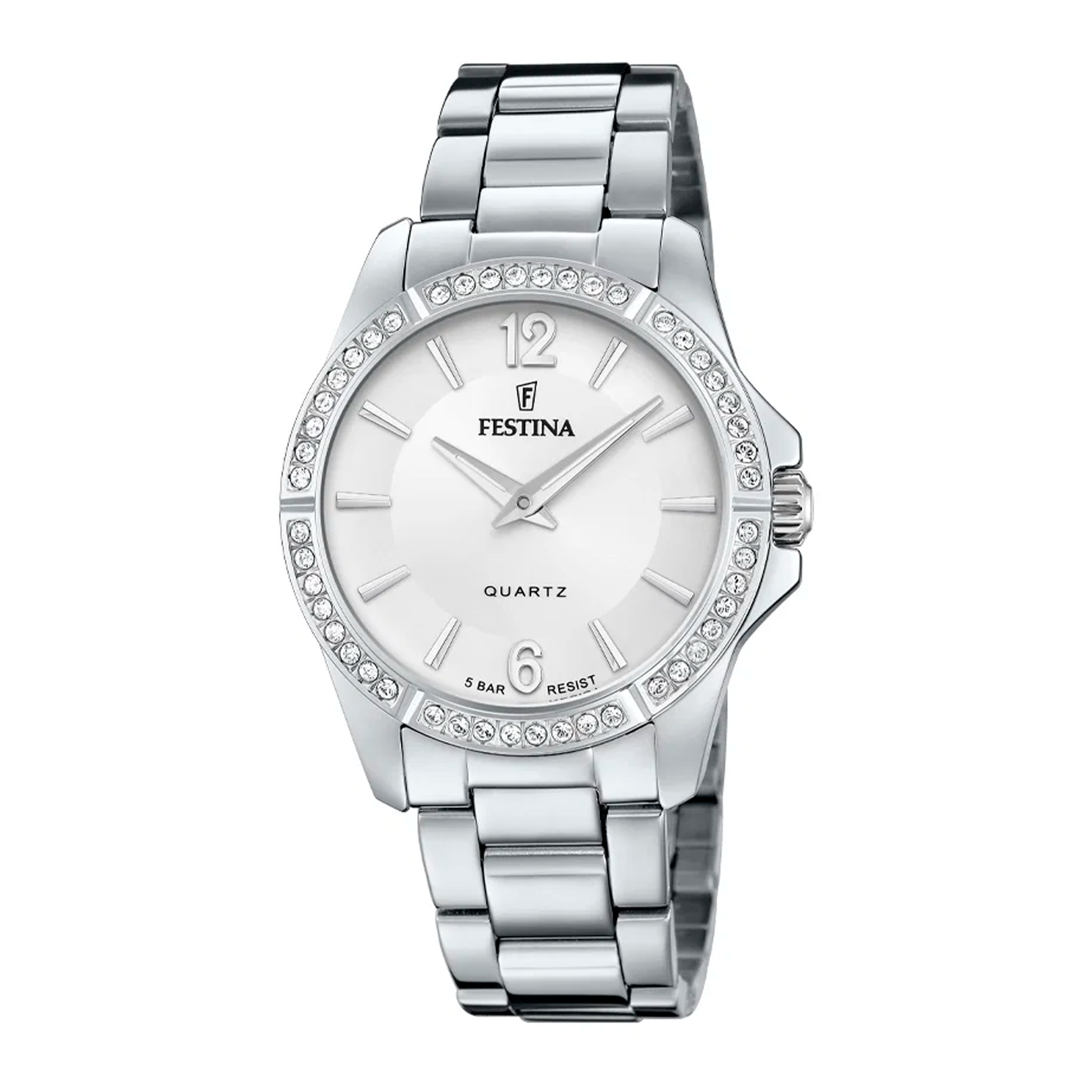 Festina D. Mademoiselle dameur 35 mm F20593/1 i rustfrit stål med sølvfarvet urskive og krystalbesat lynette
