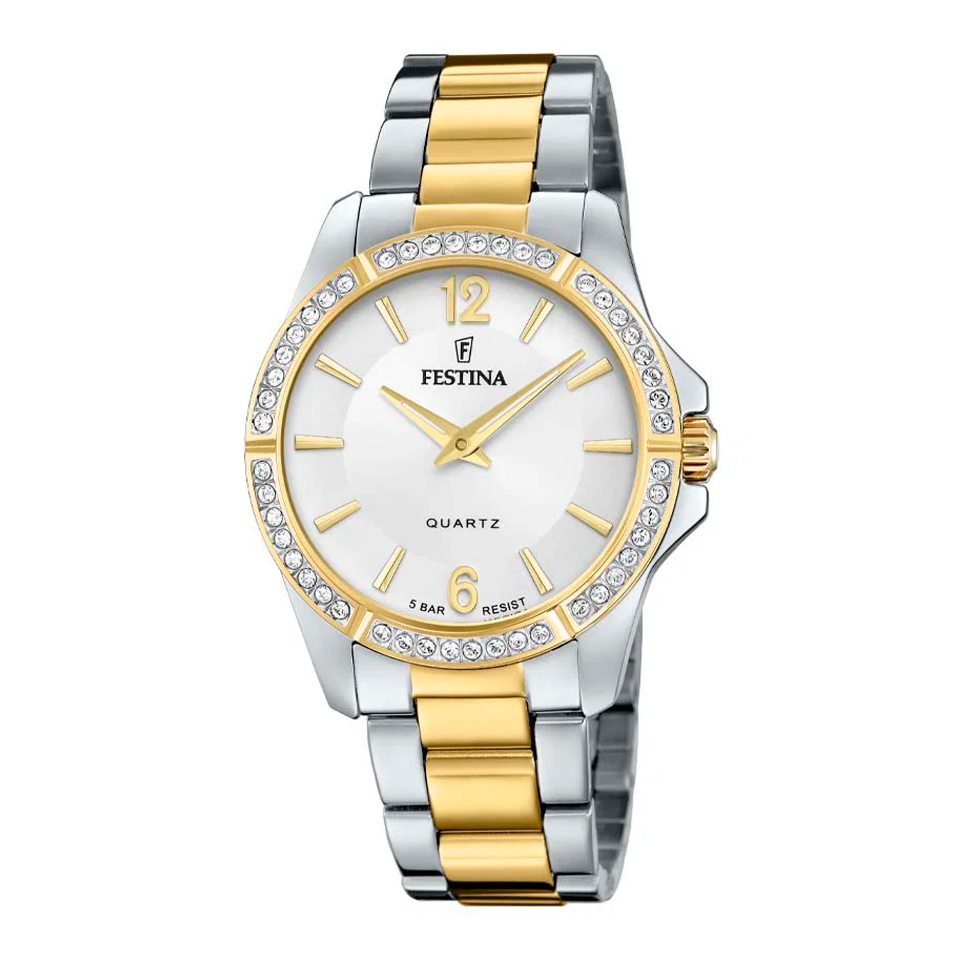 Festina D. Mademoiselle dameur 35 mm F20594/1 med sølvfarvet urskive, tofarvet stållænke og krystalbesat guldfarvet lynette