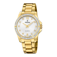 Festina D. Mademoiselle dameur 35 mm F20596/1 med guldfarvet stållænke, lys urskive og krystalbesat lynette