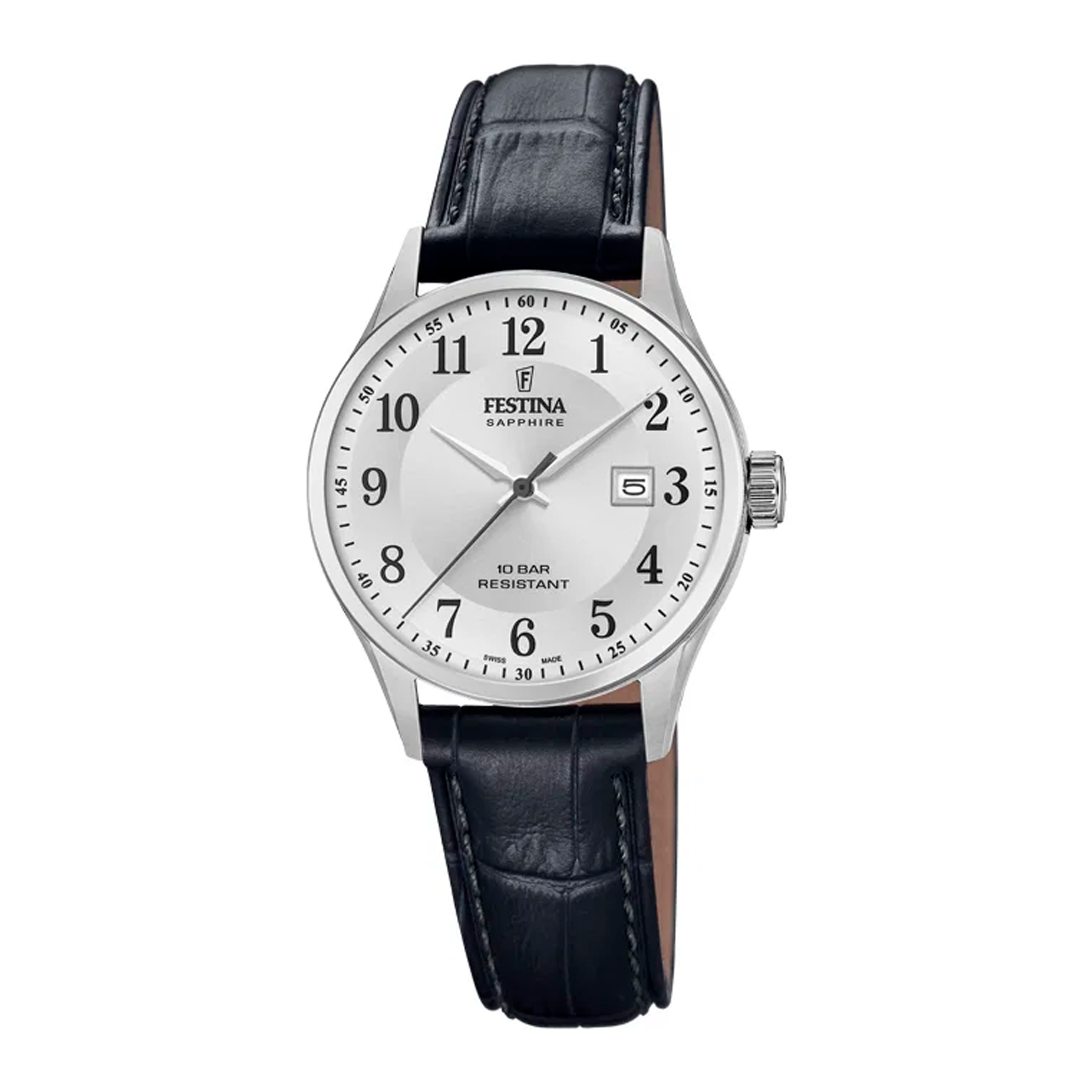 Festina D. Swiss Made F20009/5 dameur med sølvfarvet urskive.
