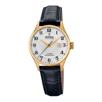 Festina D. Swiss Made dameur 29 mm F20011/5 med guldfarvet urkasse, sølvhvid urskive og sort læderrem
