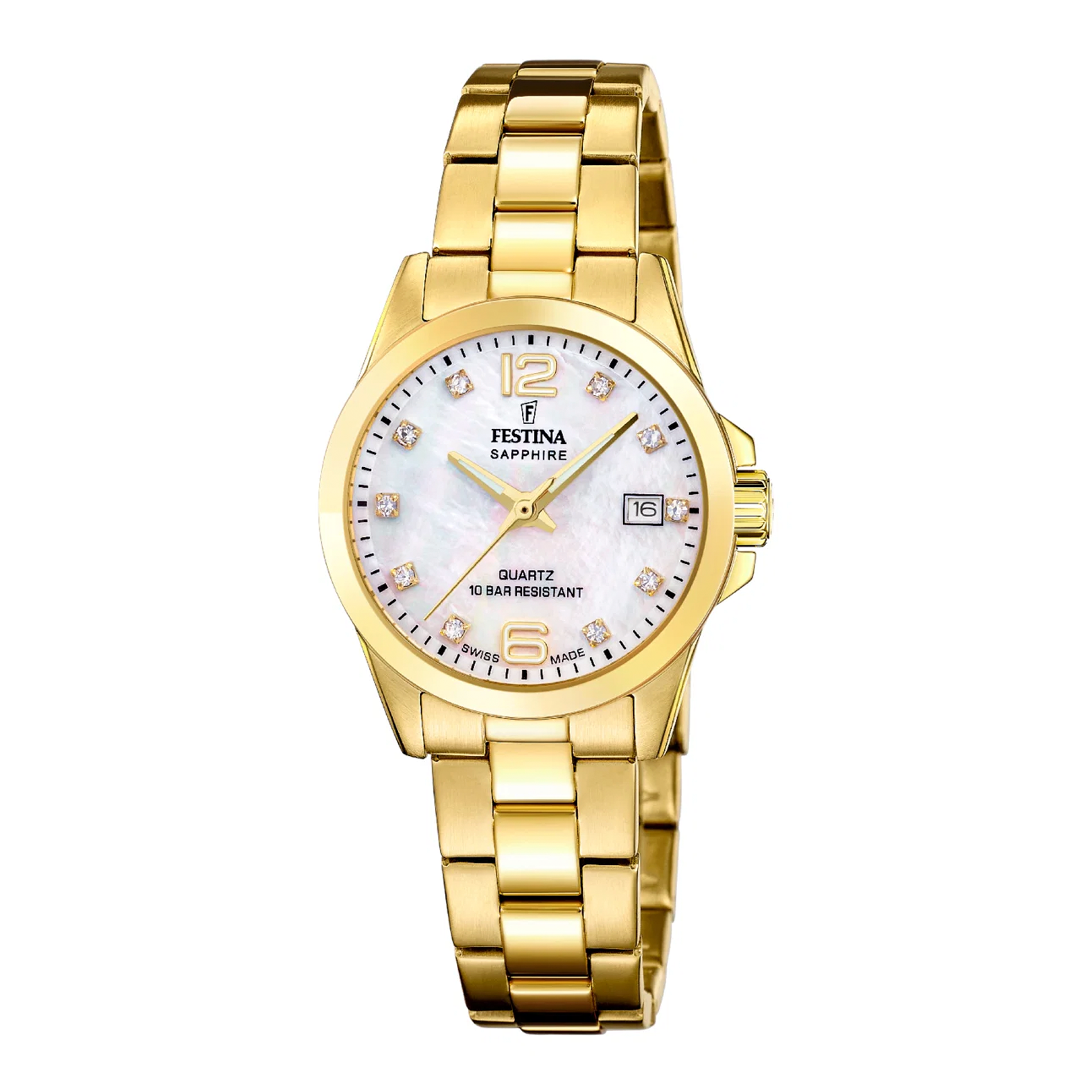 Festina D. Swiss Made dameur 29 mm F20050/1 med perlemorsurskive, guldfarvet stållænke og stenmarkeringer