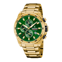 Festina H. Chrono 100 m herreur 45 mm F20541/3 med grøn urskive, guldfarvet stållænke og kronograf