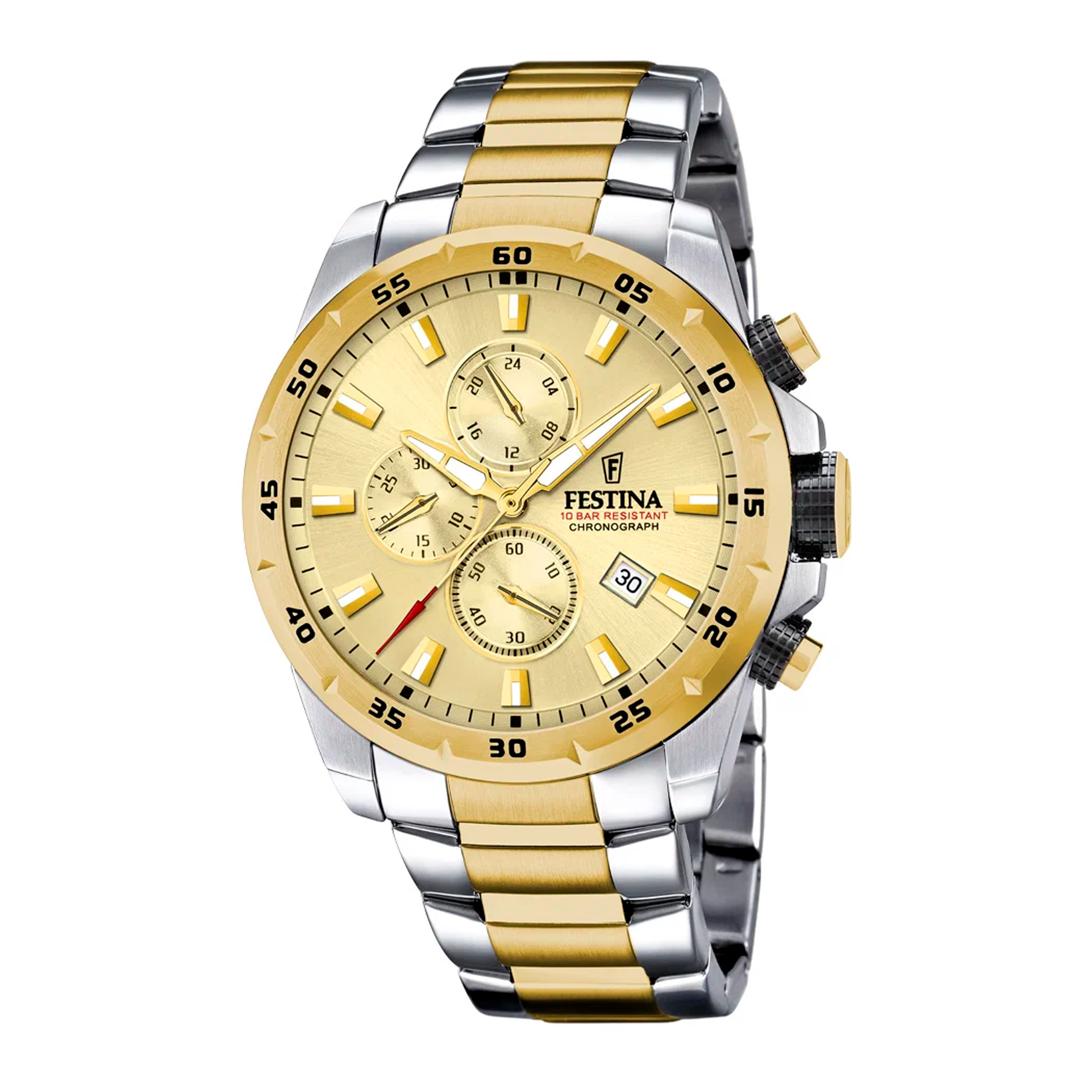 Festina H. Chrono 100 m herreur 45 mm F20562/1 med guldfarvet urskive, tofarvet stållænke og kronograf