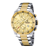 Festina H. Chrono 100 m herreur 45 mm F20562/1 med guldfarvet urskive, tofarvet stållænke og kronograf