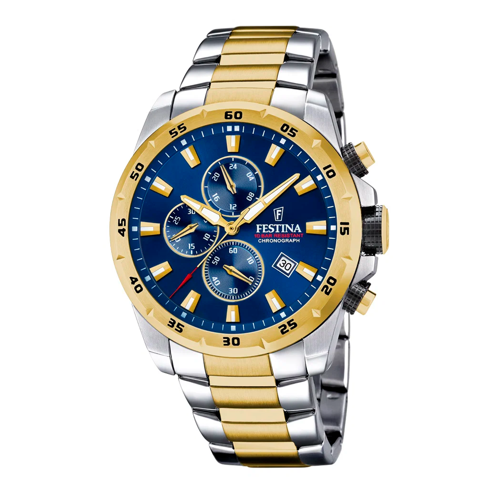 Festina H. Chrono 100 m herreur 45 mm F20562/2 med blå urskive, tofarvet stållænke og kronograf