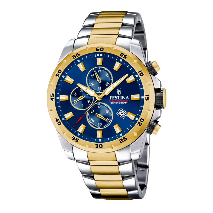 Festina H. Chrono 100 m herreur 45 mm F20562/2 med blå urskive, tofarvet stållænke og kronograf