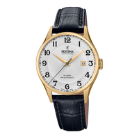 Festina H. Swiss Made herreur 40 mm F20010/1 med guldfarvet stål, hvid urskive og sort læderrem