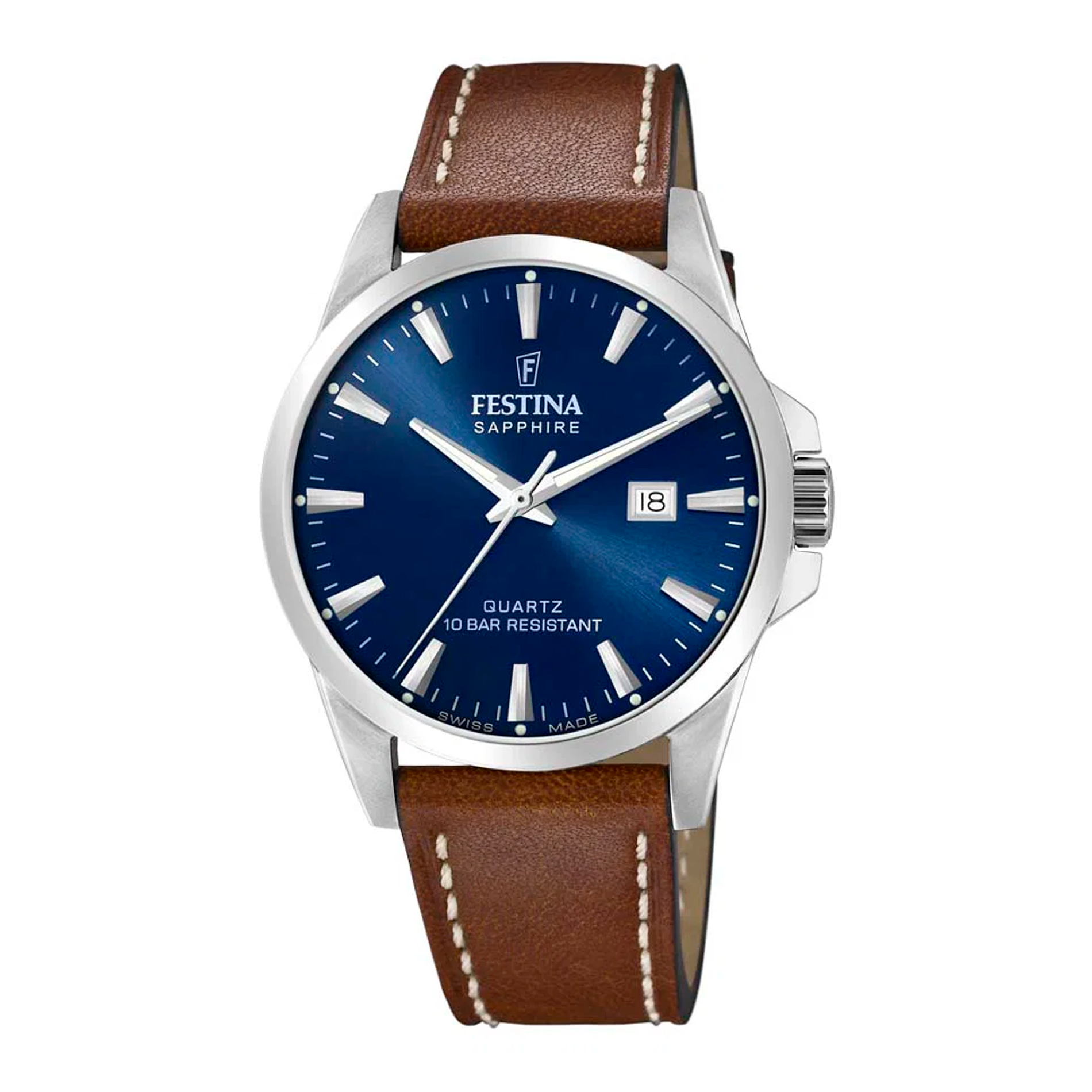Festina H. Swiss Made herreur 41 mm F20025/3 med blå urskive og brun læderrem