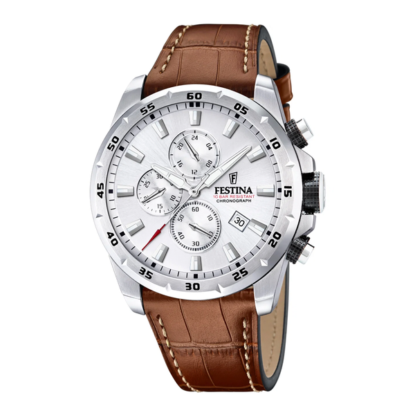 Festina H. Timeless Chrono herreur 45 mm F20692/1 med sølvfarvet urskive og brun læderrem