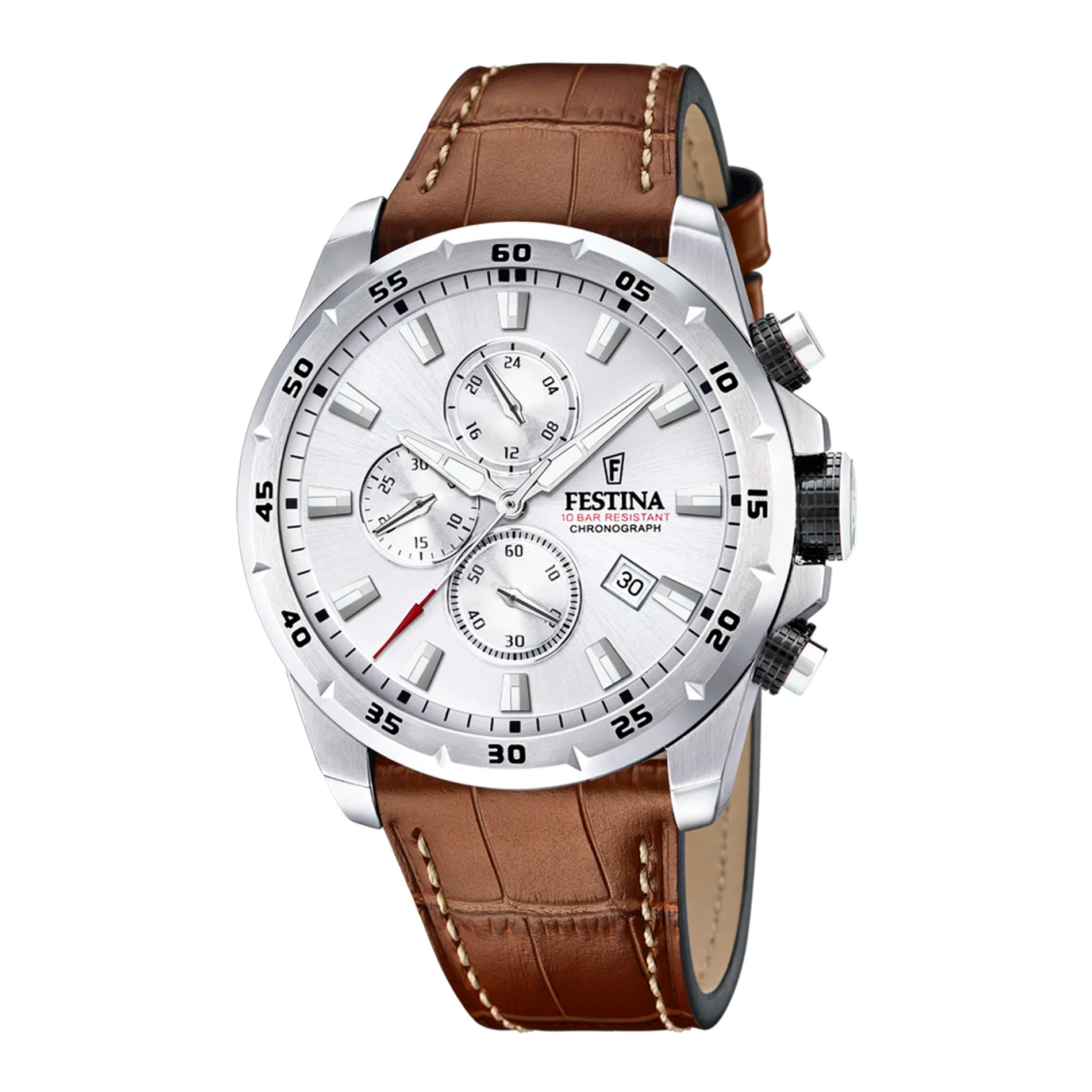 Festina H. Timeless Chrono herreur 45 mm F20692/1 med sølvfarvet urskive og brun læderrem