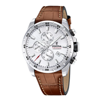Festina H. Timeless Chrono herreur 45 mm F20692/1 med sølvfarvet urskive og brun læderrem