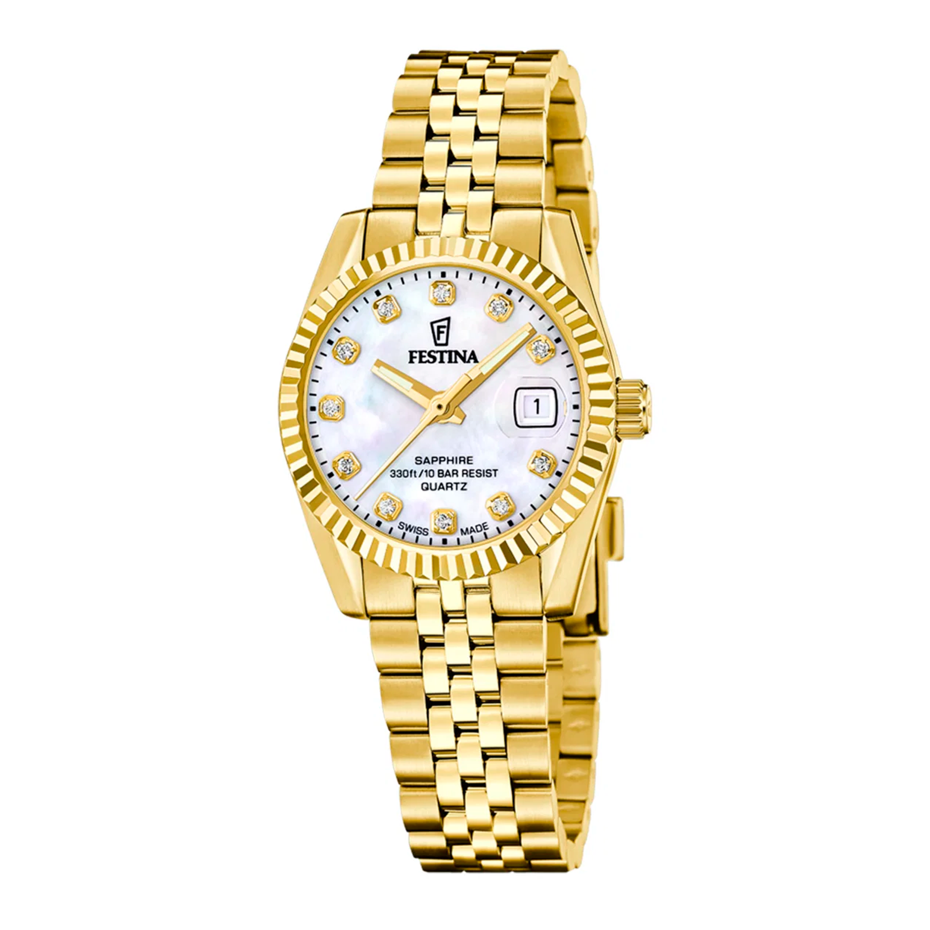Festina Swiss Made Classic Steel dameur 29 mm F20089/1 med perlemorsurskive, guldfarvet stållænke og stenmarkeringer