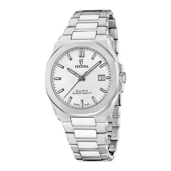 Festina Swiss Made Classic Steel herreur 39 mm F20100/1 i rustfrit stål med hvid urskive og stållænke – forfra
