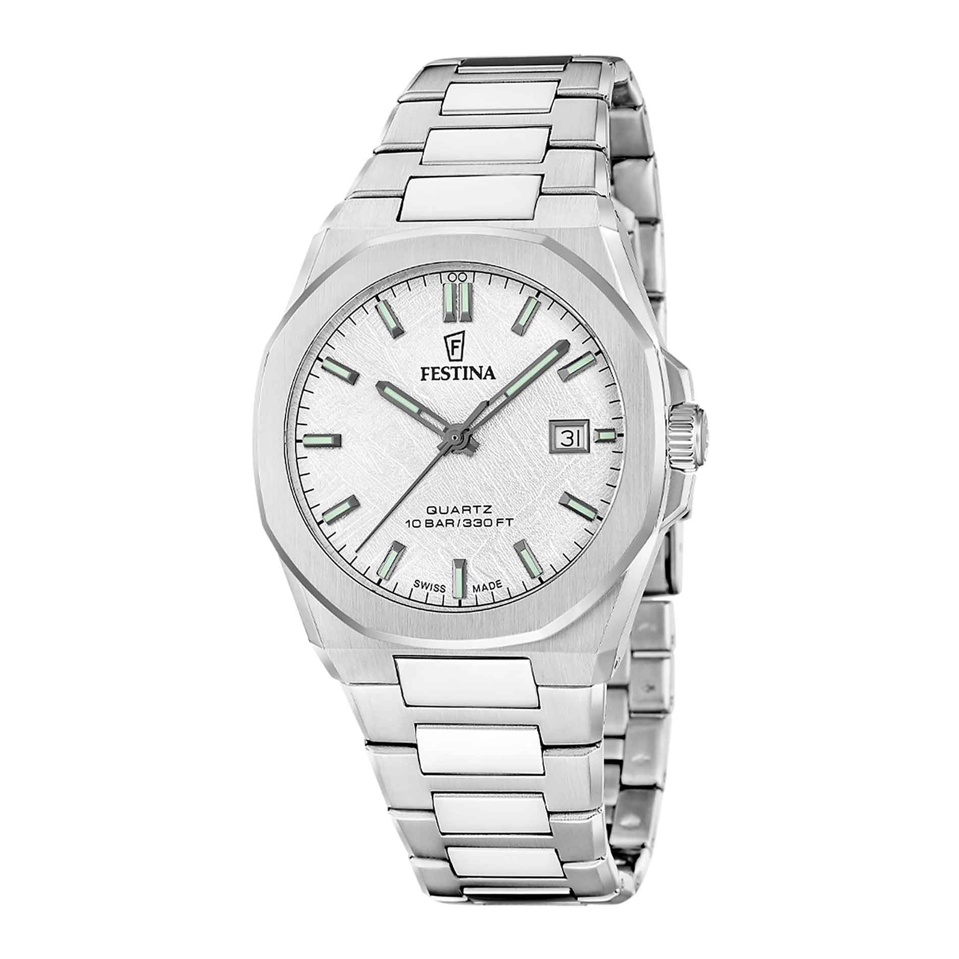 Festina Swiss Made Classic Steel herreur 39 mm F20100/1 i rustfrit stål med hvid urskive og stållænke – forfra