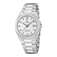 Festina Swiss Made Classic Steel herreur 39 mm F20100/1 i rustfrit stål med hvid urskive og stållænke – forfra