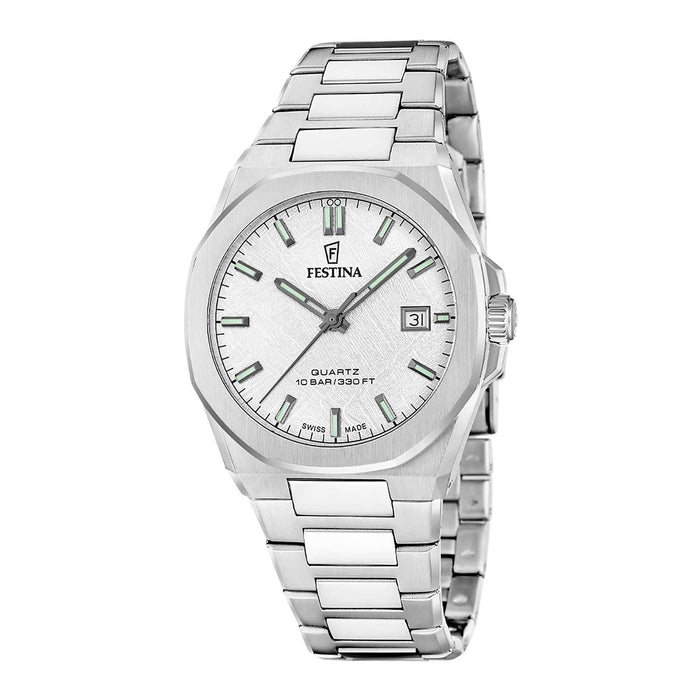 Festina Swiss Made Classic Steel herreur 39 mm F20100/1 i rustfrit stål med hvid urskive og stållænke – forfra