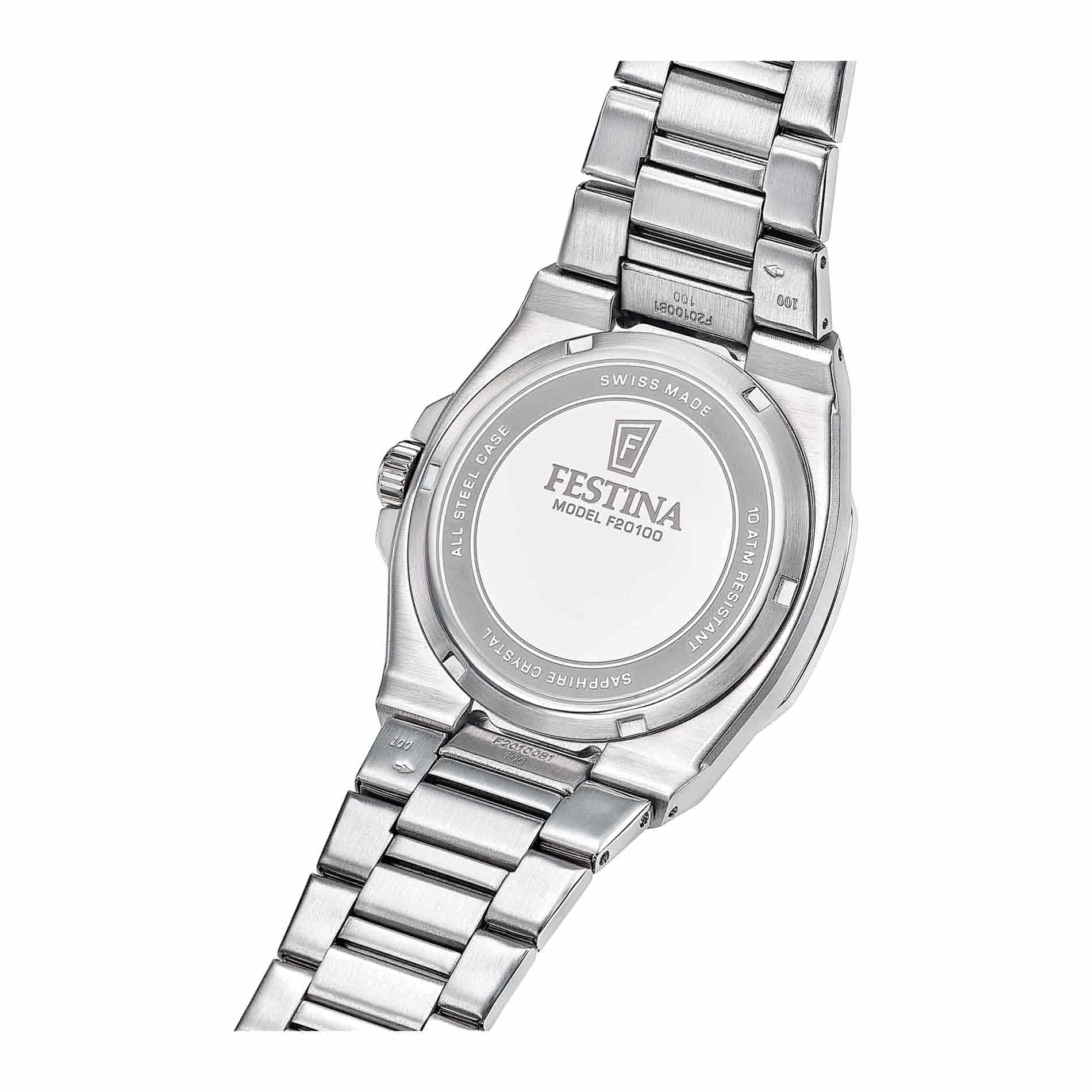 Bagside på Festina Swiss Made Classic Steel F20100/1 med graveret stålbund