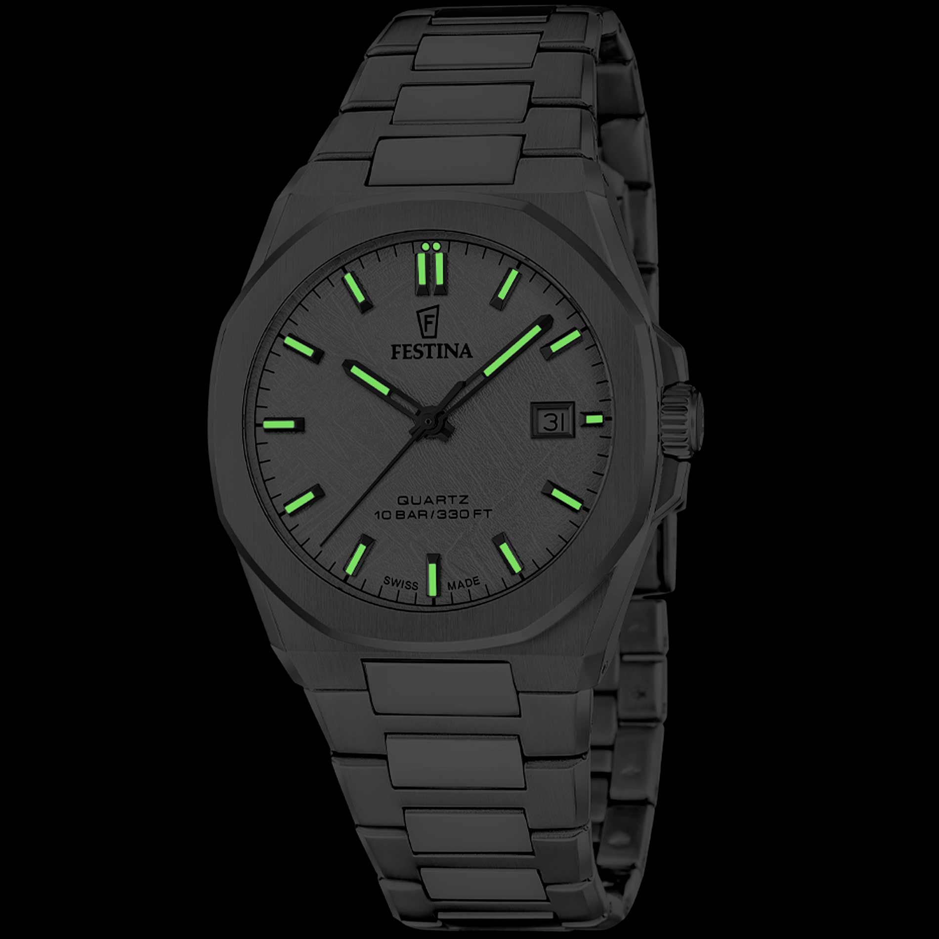 Festina Swiss Made Classic Steel F20100/1 i mørke med selvlysende visere og indeks