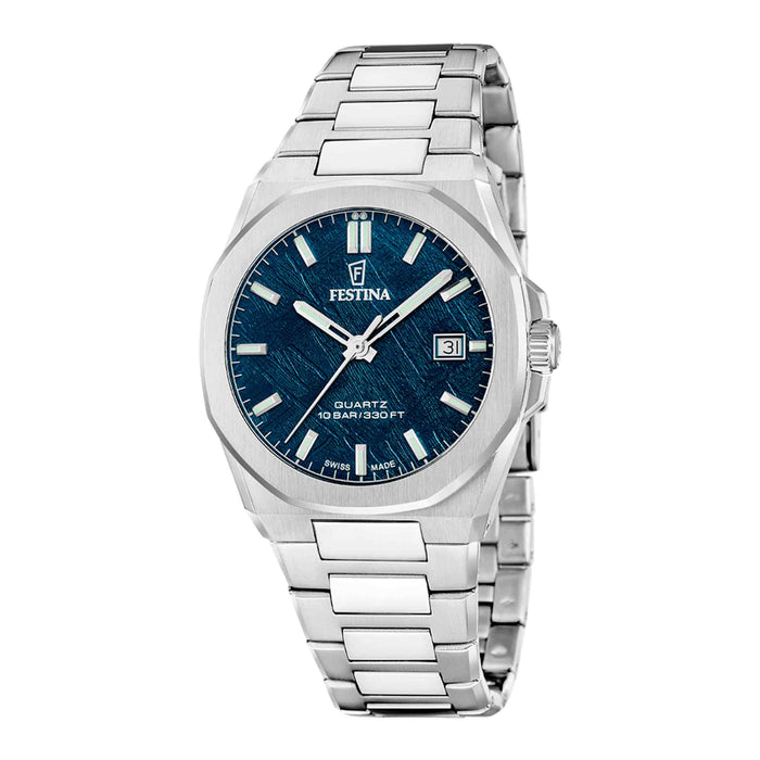 Festina Swiss Made Classic Steel herreur 39 mm F20100/4 i rustfrit stål med blå urskive og stållænke – forfra