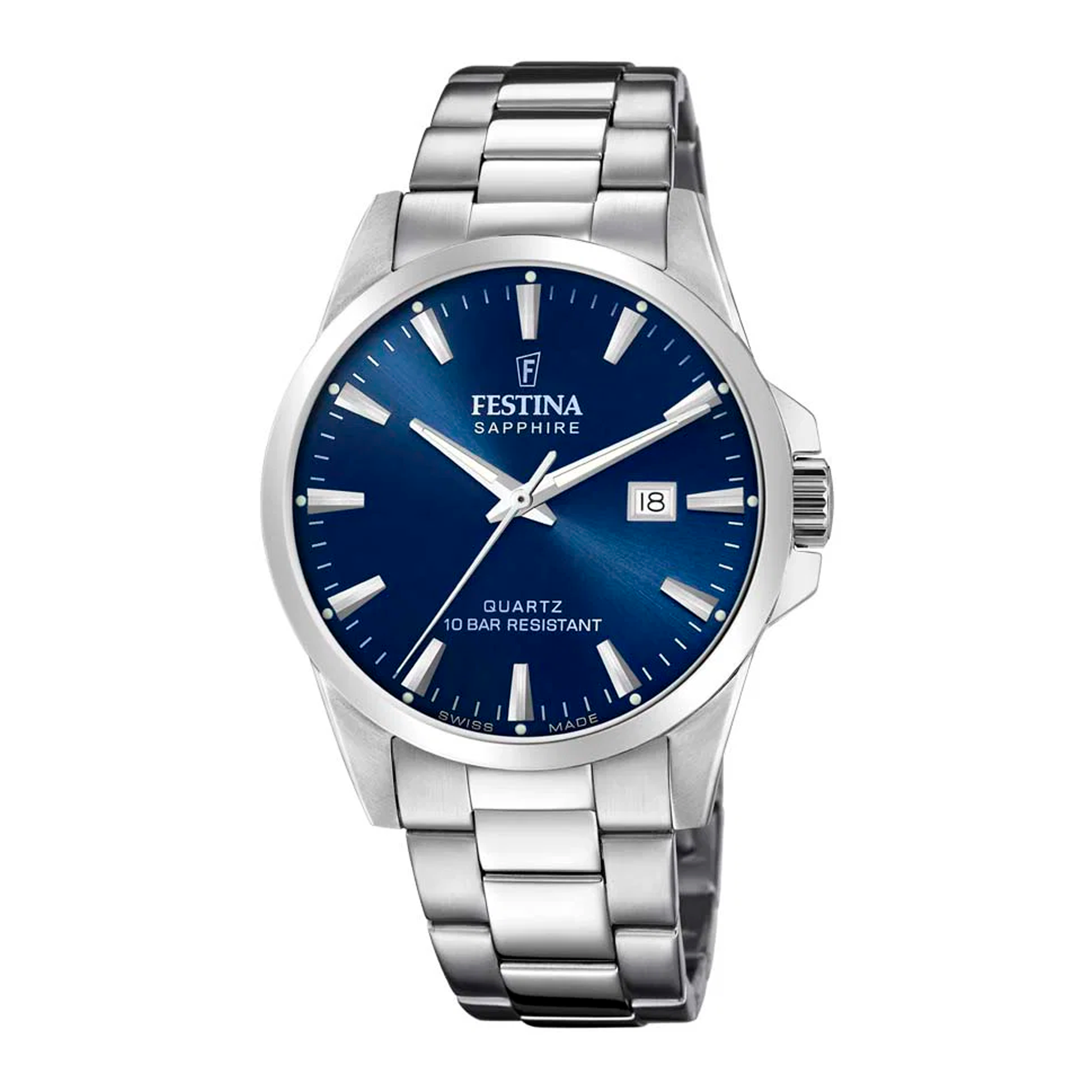 Festina Swiss Made Classic Steel herreur 41 mm F20024/3 med blå urskive og stållænke