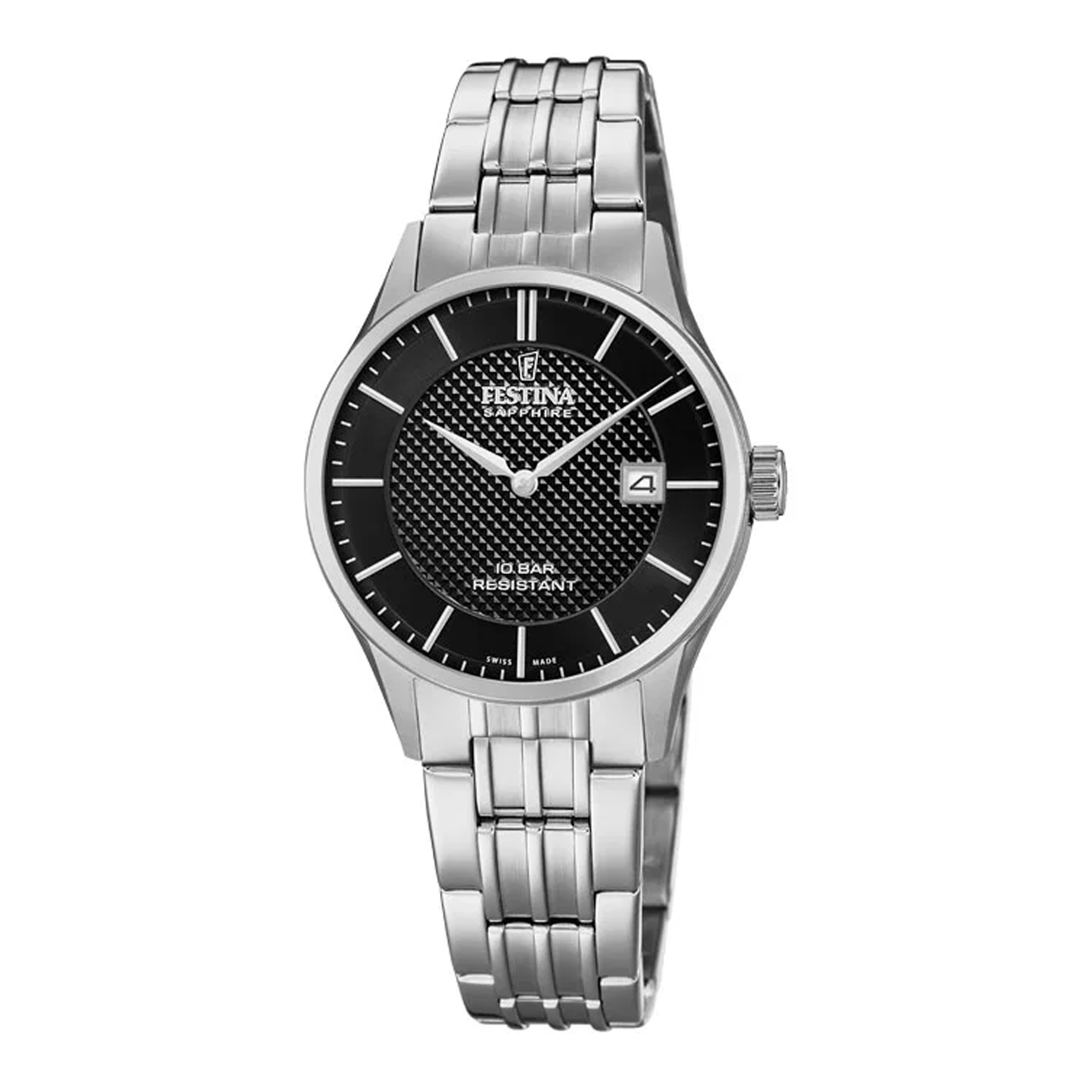 Festina Swiss Made dameur F20006/4 med sort urskive og stållænke.