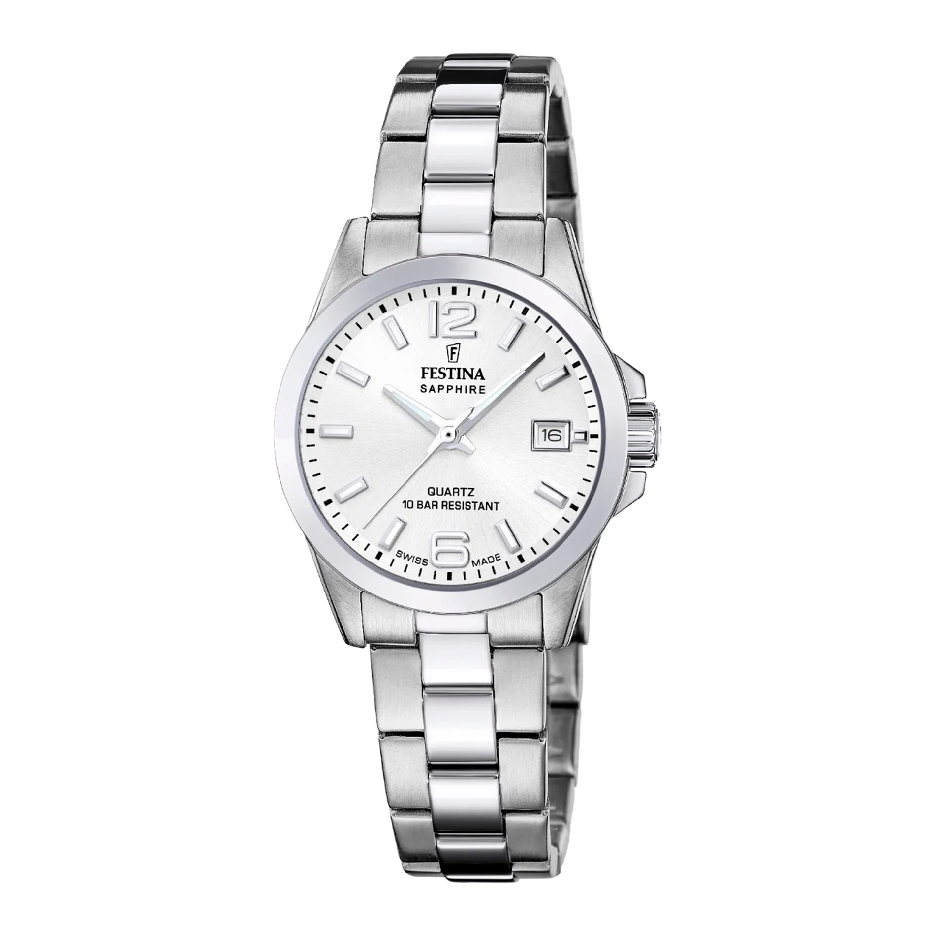 Festina Swiss Made dameur F20049/1 med sølvhvid urskive.