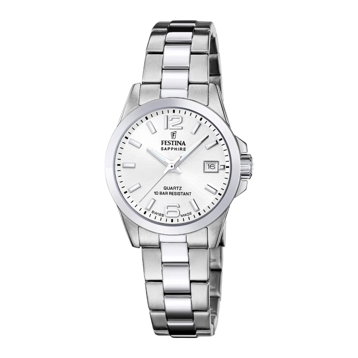 Festina Swiss Made dameur F20049/1 med sølvhvid urskive.
