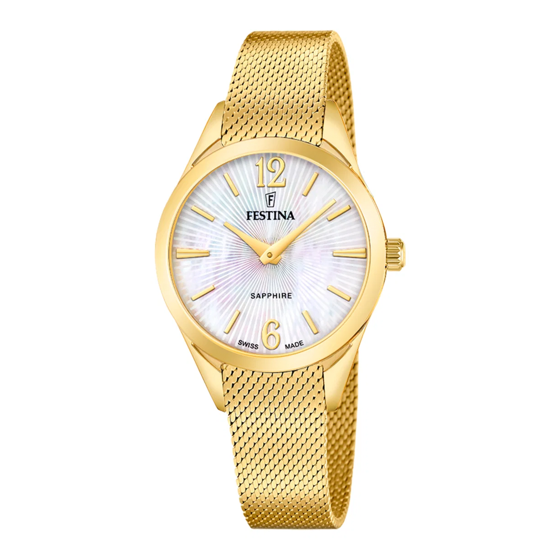 Festina Swiss Made Grace dameur 32 mm F20077/1 med perlemorskive og guldfarvet meshlænke