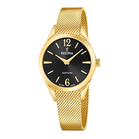 Festina Swiss Made Grace dameur 32 mm F20077/5 med sort urskive og guldfarvet meshlænke