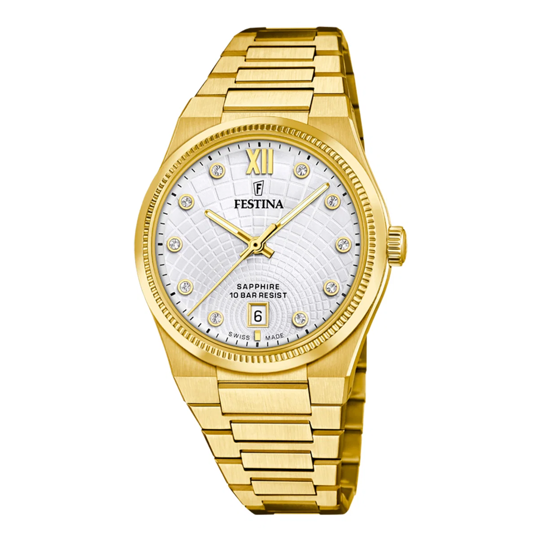 Festina Swiss Made Rivé Col F20058/1 forgyldt dameur med sølvhvid urskive.