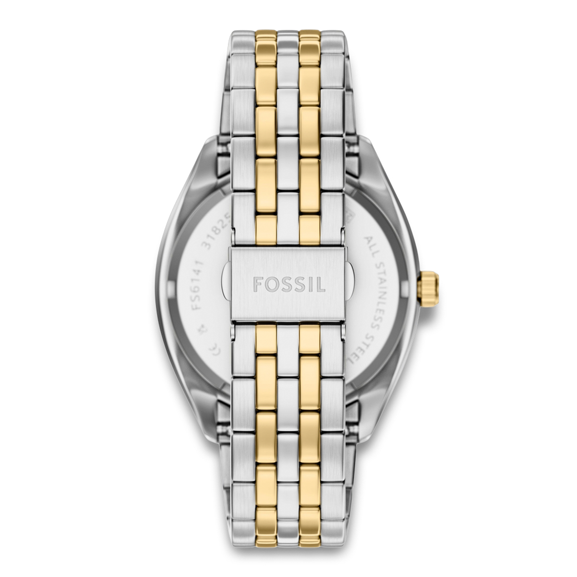 Bagside af Fossil Campbell FS6141 med tofarvet lænke i rustfrit stål