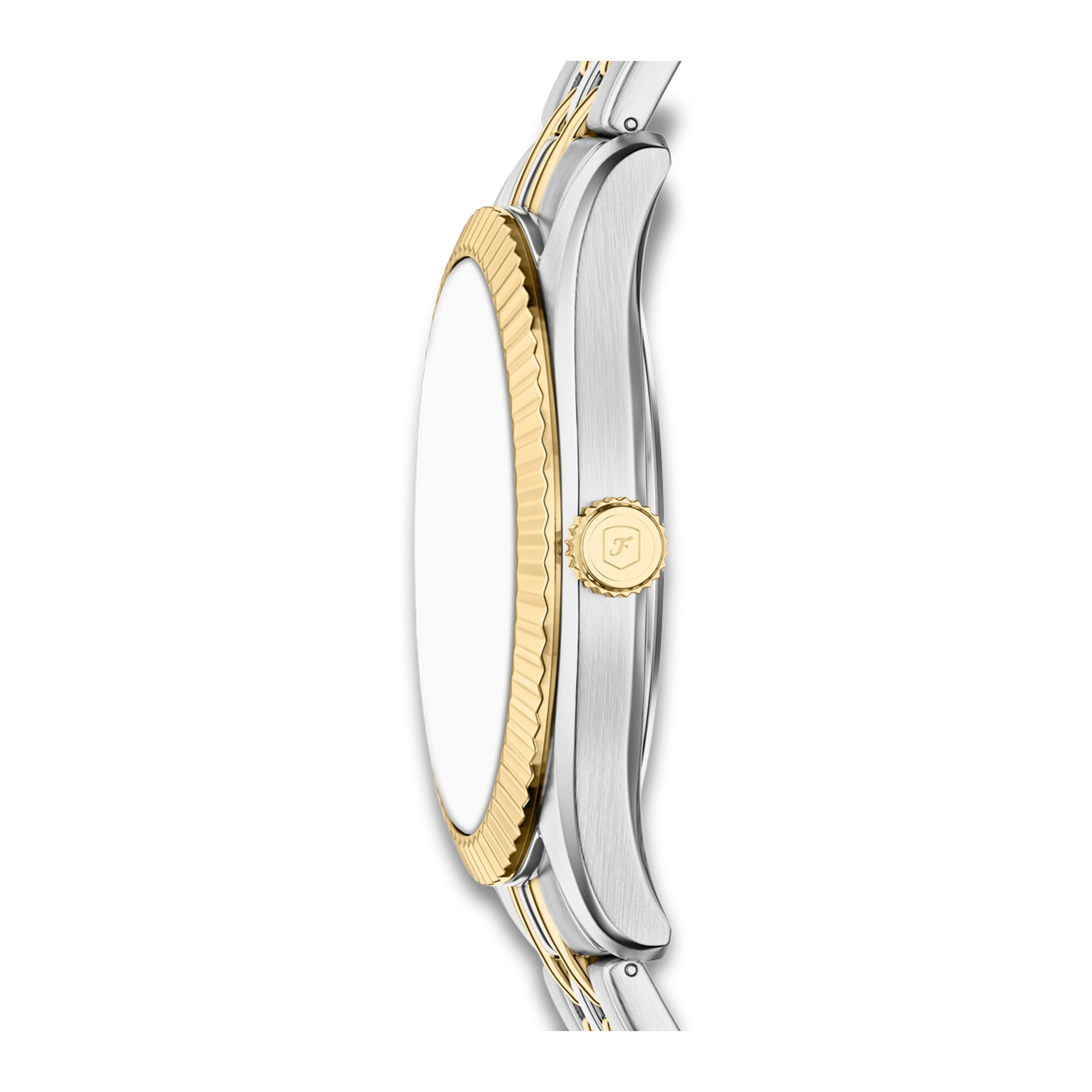 Sideprofil af Fossil Campbell FS6141 med guldfarvet riflet lynette