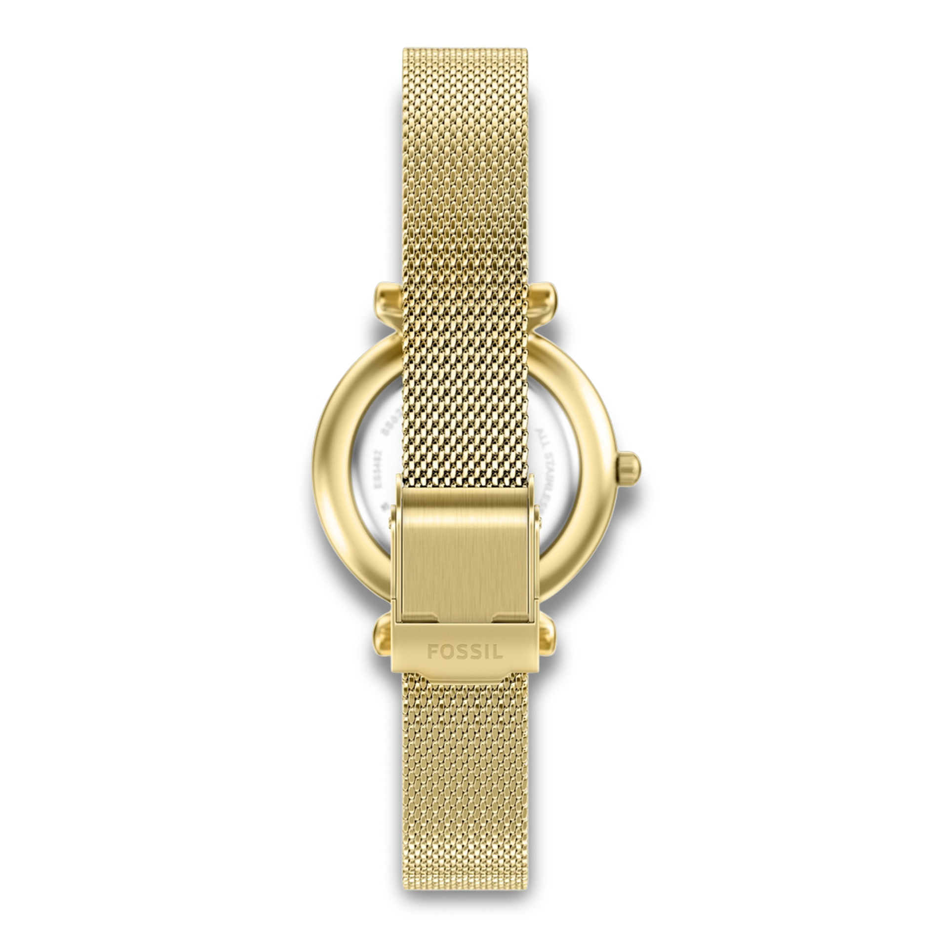 Bagside af Fossil Carlie dameur ES5462 med guldfarvet mesh-rem