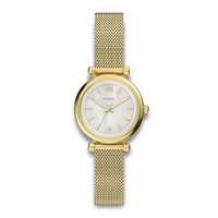 Fossil Carlie dameur 28 mm ES5462 med guldfarvet mesh-rem og perlemorsurskive