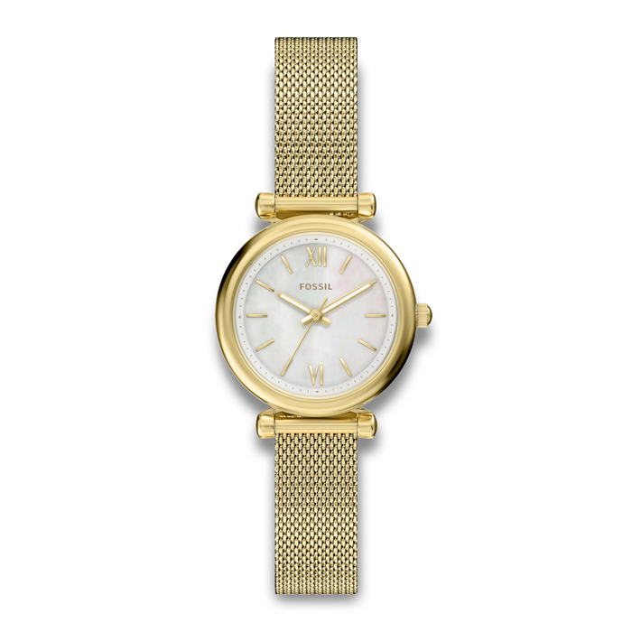 Fossil Carlie dameur 28 mm ES5462 med guldfarvet mesh-rem og perlemorsurskive