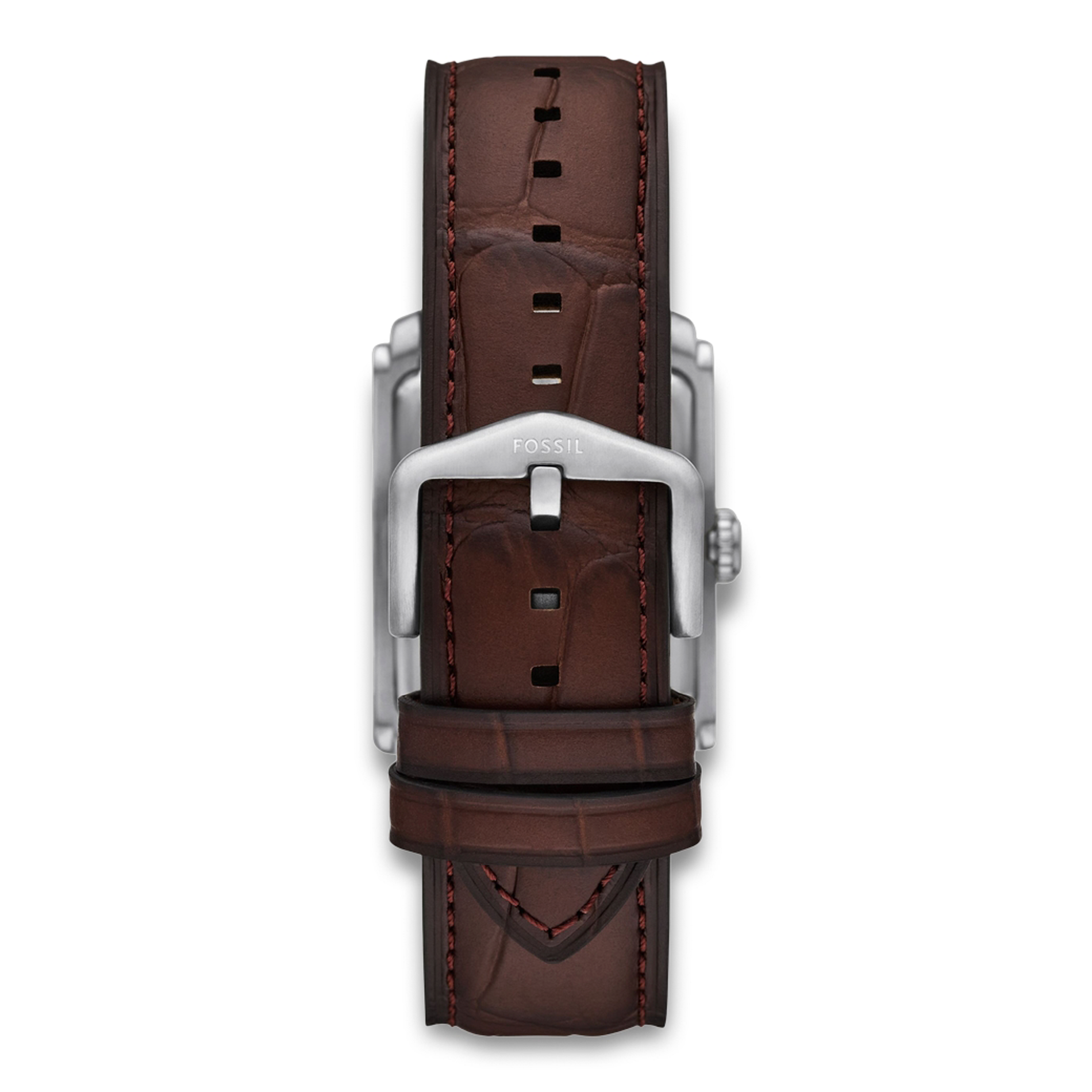 Bagside af Fossil Carraway FS6110 med brun læderrem og spænde